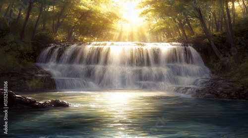 Sunlit Waterfall in Lush Forest