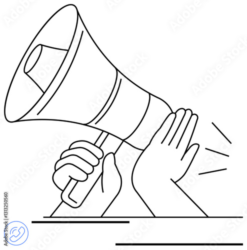 Hand blocking megaphone with sound waves. Ideal for communication, boundaries, silence, control, noise reduction, discretion, media censorship. Flat simple metaphor