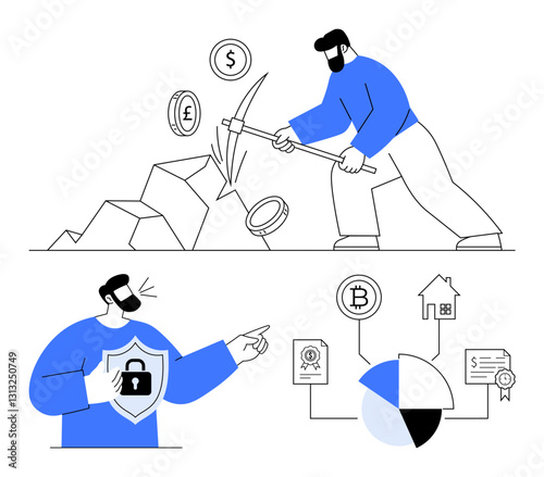Wallpaper Mural Miner breaking rocks to collect currency, another person protecting data with a shield, Bitcoin and pie chart icons. Ideal for finance, cryptocurrency, blockchain, security, technology, economics Torontodigital.ca