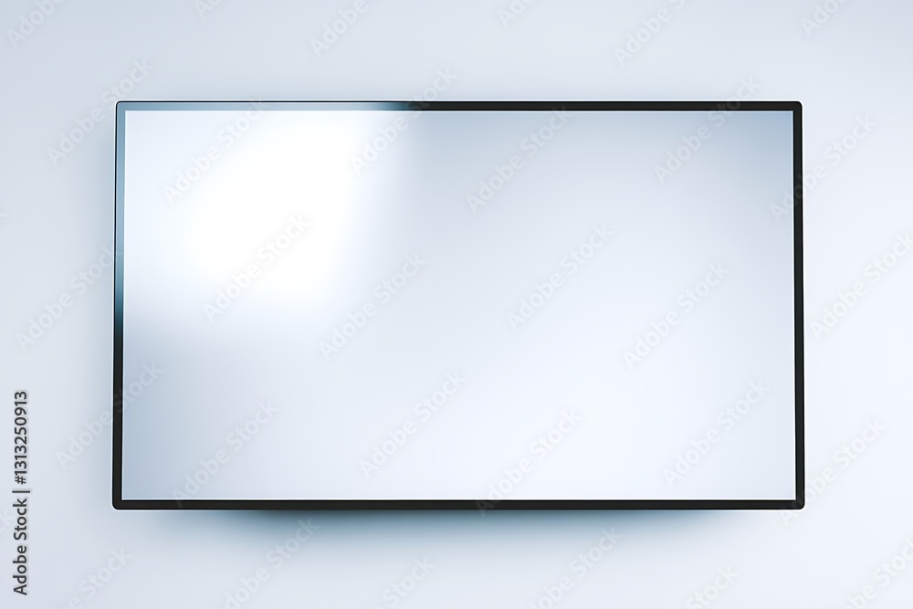 A sleek, blackframed flatscreen TV is mounted on a white wall. The screen is blank, reflecting subtle light. Minimalist design. A sleek, blackframed flatscreen TV is mounted on a white wall. The screen is blank, reflecting subtle light. Minimalist design.