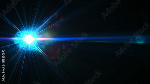 Blue laser beam light lens flare effect with a black background