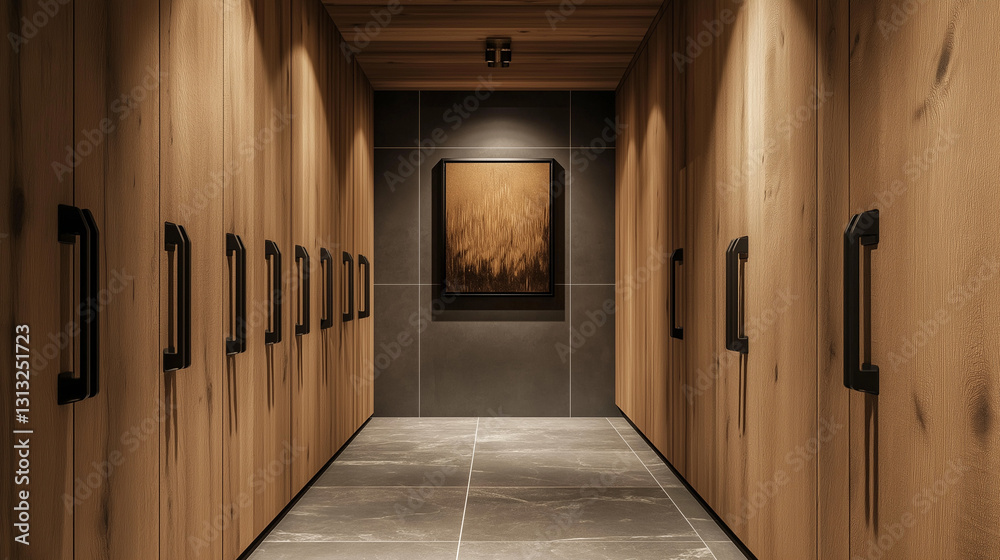 Long narrow corridor with wooden walls and painting in modern apartment or dressing room Long narrow corridor with wooden walls and painting in modern apartment or dressing room