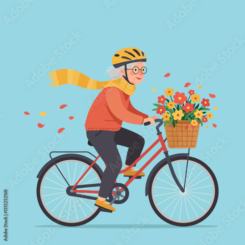 Senior Woman Riding Bicycle with Flowers Illustration on Light Blue
