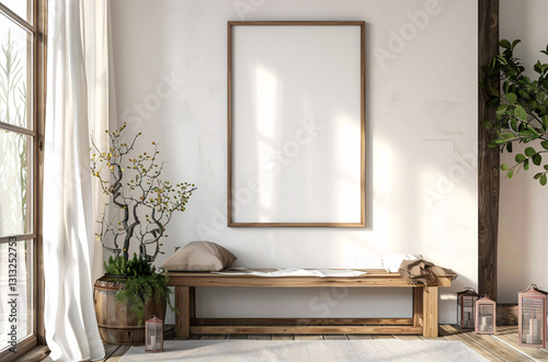 Blank picture frame mockup poster on white wall. White living room interior design.