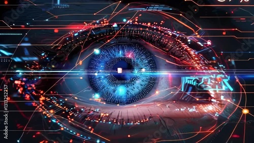 A closeup of an eye with futuristic tech elements showing digital data and numbers around the iris