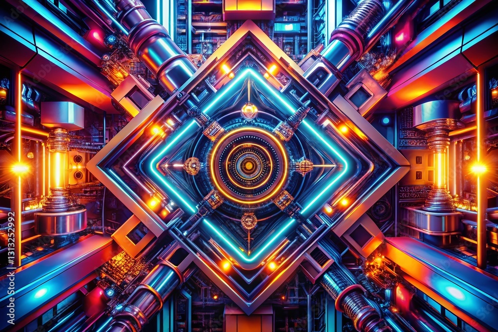 Fototapeta premium Futuristic Industrial Design: Abstract Geometric Patterns, Dynamic Metal Textures, Cyberpunk Cityscape