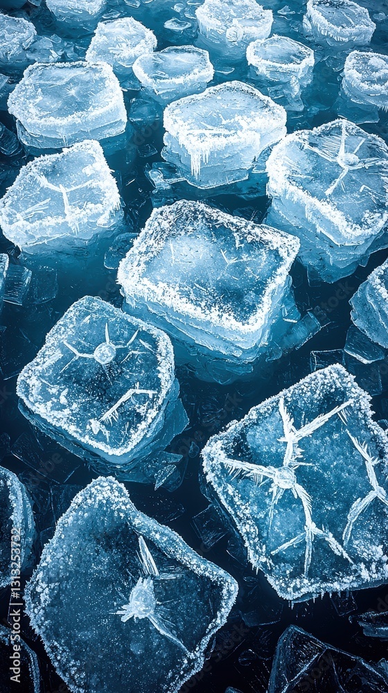 Obraz premium A cluster of jagged ice blocks floats serenely on the deep blue ocean, glistening under the sunlight. The surrounding water reflects shades of turquoise and navy, creating a stunning contrast.