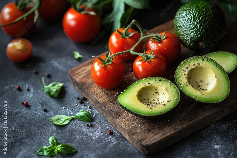 Fresh tomatoes and avocado on rustic wooden board