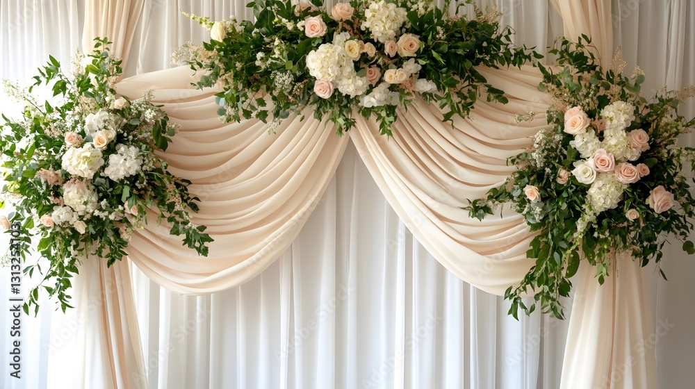 Fototapeta premium Elegant floral arrangement with draped fabric creates a decorative arch