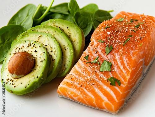 Fresh Salmon and Avocado Closeup Kitchen Food Photography Modern Setting Top View Culinary Inspiration photo