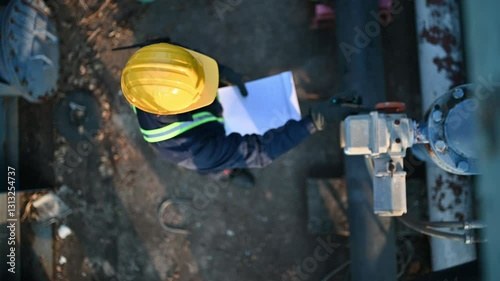 Top view, maintenance engineer checking the operation of the water level gauge in a large water tank