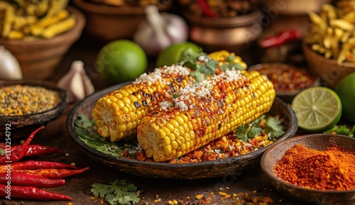 Grilled corn on the cob with spices and herbs on a dark plate, spices and vegetables in background.  Possible use Restaurant menu, recipe photo