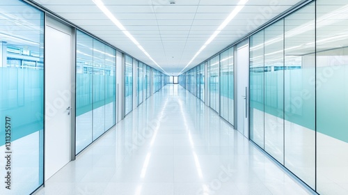 Office corridor view long hallway with glass doors, interior architecture, bright, white space