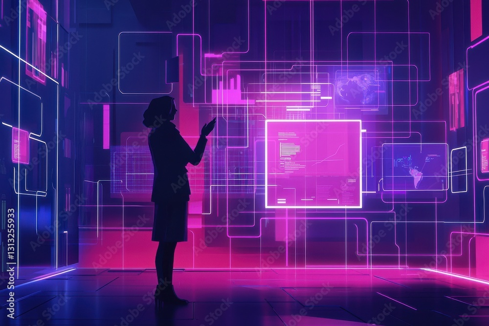 Futuristic Scene with Neon-Lit Screen and Silhouette Analyzing Data in a Virtual Reality Environment Futuristic Scene with Neon-Lit Screen and Silhouette Analyzing Data in a Virtual Reality Environment
