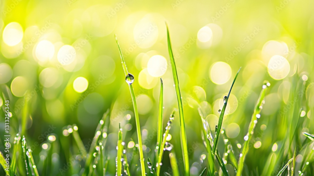 Fototapeta premium In the twilight of the spring morning, the leaves of the plants are covered with crystal dews, as if they were the tears of nature, pure and beautiful. Let people feel the tenderness and hope of sprin
