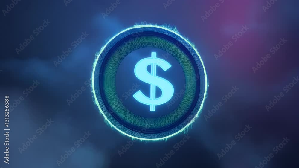 Glowing blue dollar sign inside a circular neon ring on a dark cloudy background, symbolizing futuristic finance, cryptocurrency, digital economy, and modern wealth. Glowing blue dollar sign inside a circular neon ring on a dark cloudy background, symbolizing futuristic finance, cryptocurrency, digital economy, and modern wealth.