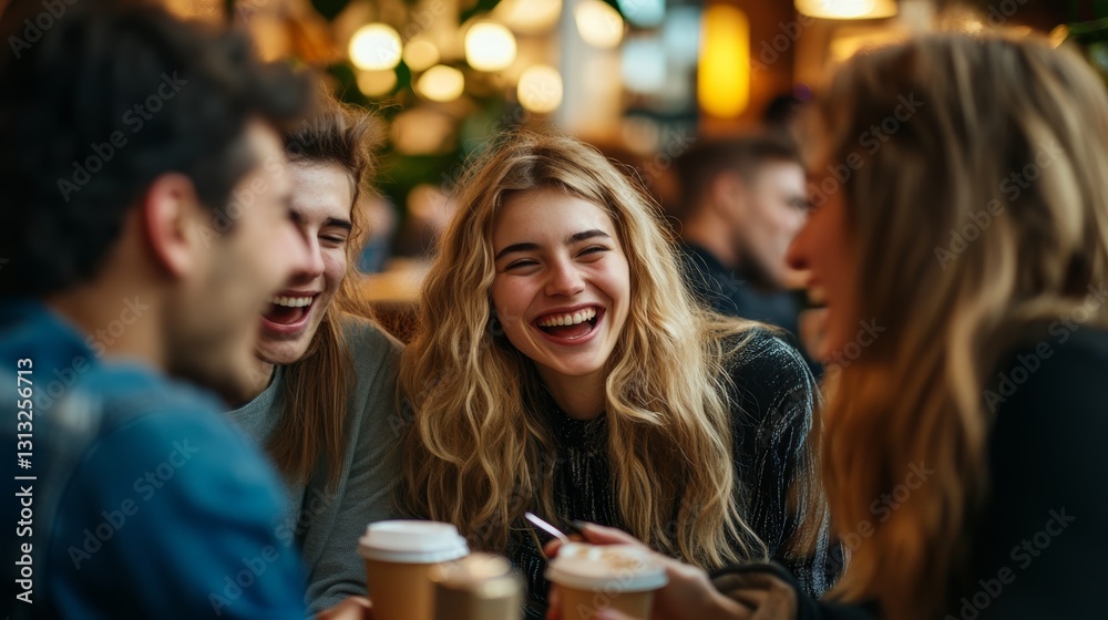 A group of friends enjoying coffee and laughter in a cozy cafe, with warm lighting and a cheerful atmosphere. A group of friends enjoying coffee and laughter in a cozy cafe, with warm lighting and a cheerful atmosphere.