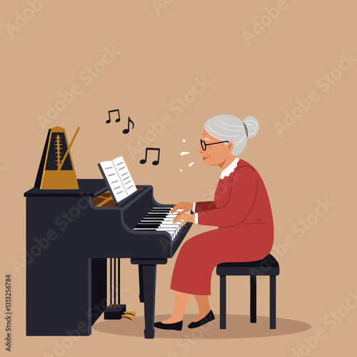 Senior Woman Plays Piano with Metronome and Sheet Music Illustration