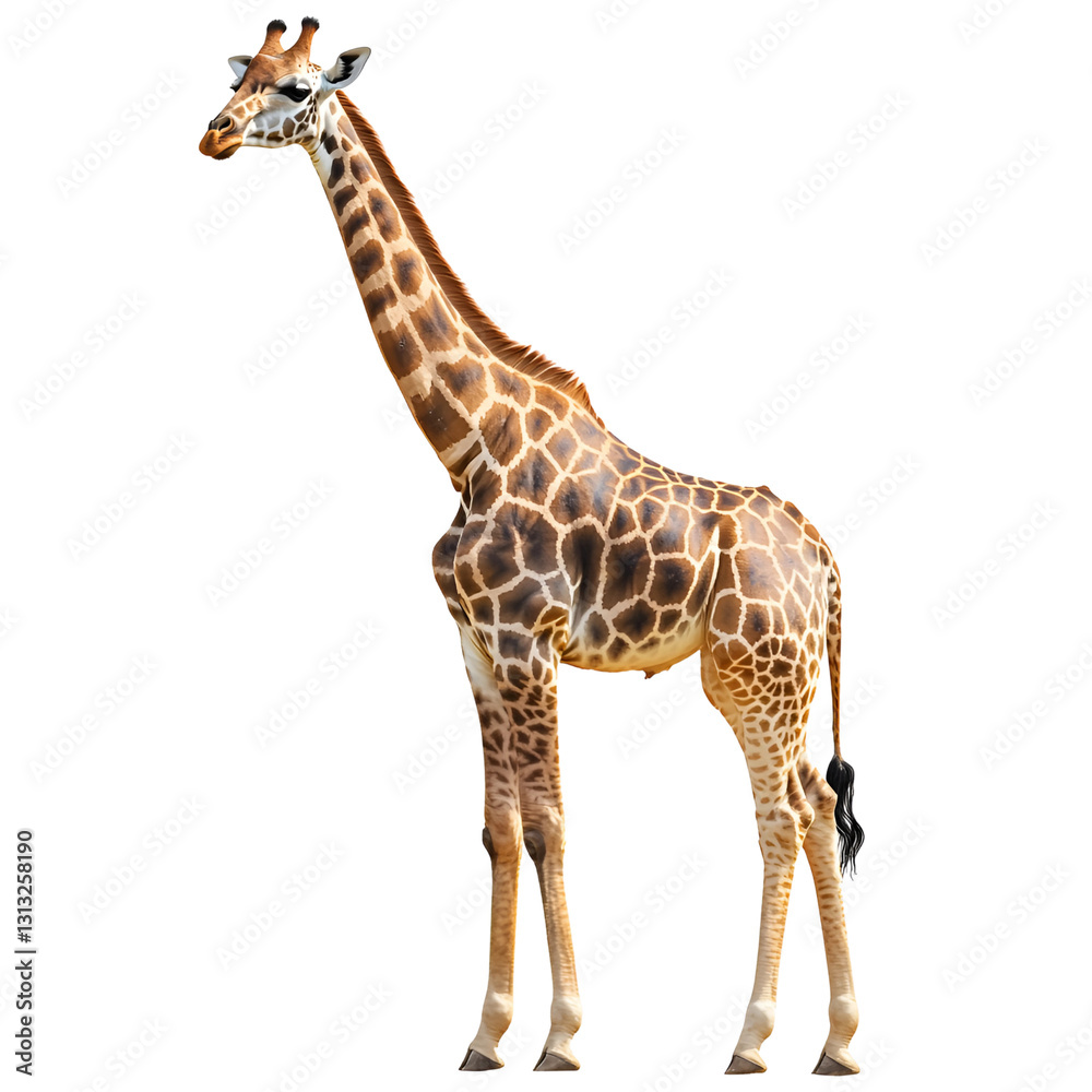 Naklejka premium Majestic Giraffe: An iconic giraffe stands tall, showcasing its extraordinary height and distinctive patterned coat, symbolizing the wild beauty of the African savanna.