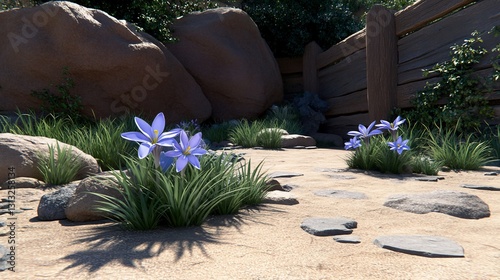 Sunny garden path, blue flowers, rocks, fence, background