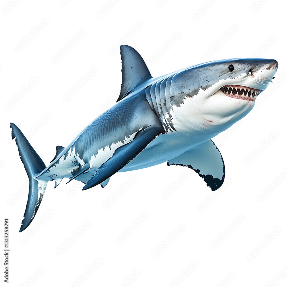 Naklejka premium Apex Predator: Powerful and majestic great white shark, showcasing its formidable presence. Close-up view, highlighting its sharp teeth and sleek body.