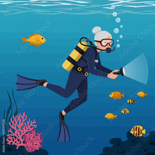 Woman Diving with Fishes and Coral Underwater Using Dive Light