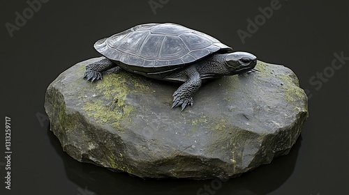 Turtle resting on rock, dark background, nature scene, wildlife conservation