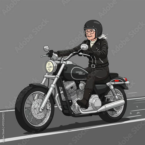 Woman Riding Motorcycle with Helmet and Leather Jacket on Road