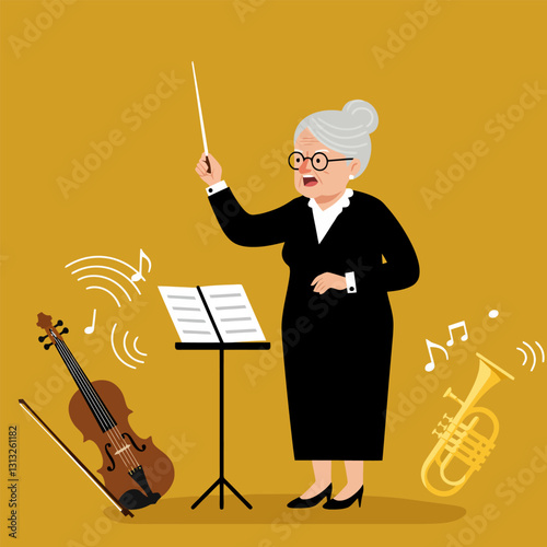 Woman Conducting Orchestra with Violin, Trumpet and Musical Notes