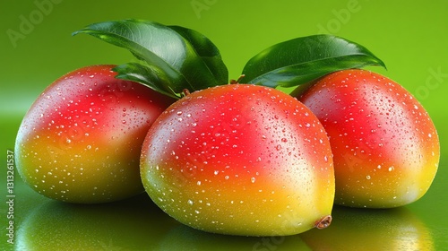 Juicy mangoes, green background, water droplets, studio shot, food advertising