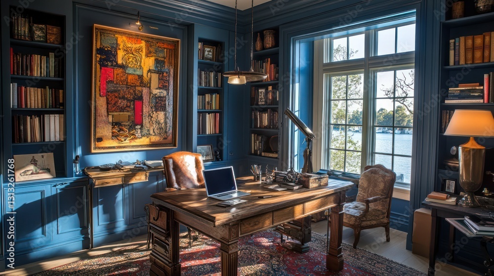 Luxurious Blue Study with Lake View Luxurious Blue Study with Lake View