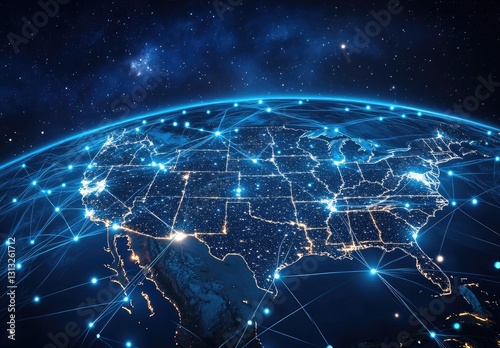 USA Networked Globe, Night View, Global Connectivity, Starry Sky Background