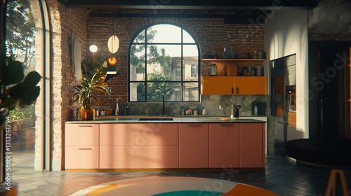 Sunlit modern kitchen, city view, interior design