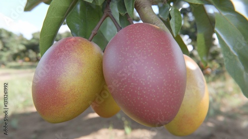 Ripe mangoes on branch, orchard background, sunny day, food industry
