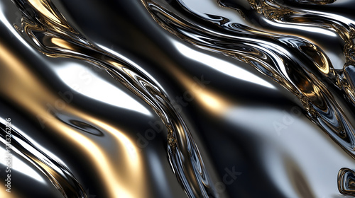 Metallic chrome liquid background with reflective silver and gold hues creating a futuristic glossy texture