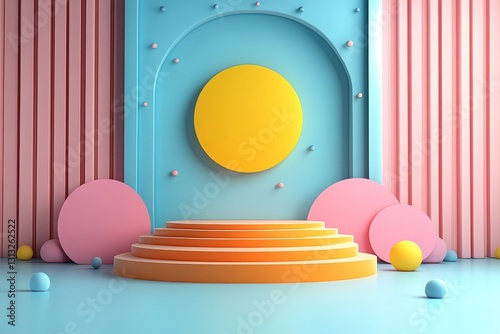 Geometric pastel background with orange podium for product display, yellow sun, and blue sky, minimalistic design, digital backdrop for promotion. photo