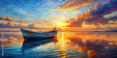 Hand-Drawn Oil Painting of a Boat at Sunset, Indigo and Orange Sea Landscape Poster Art