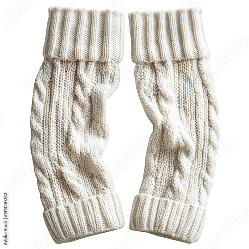 Chunky Knit Leg Warmers with Ribbed Top and White Knitted Gloves Isolated on Transparent Background photo