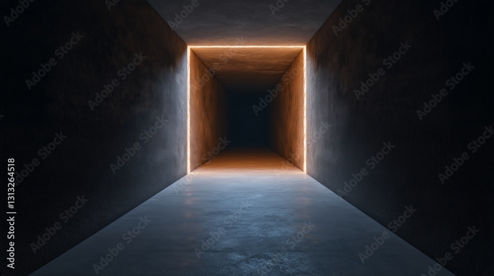 A dark corridor leading to a glowing entryway, creating an intriguing visual contrast A dark corridor leading to a glowing entryway, creating an intriguing visual contrast