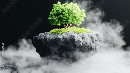 Floating rock, tree, fog, growth, hope,  environment concept