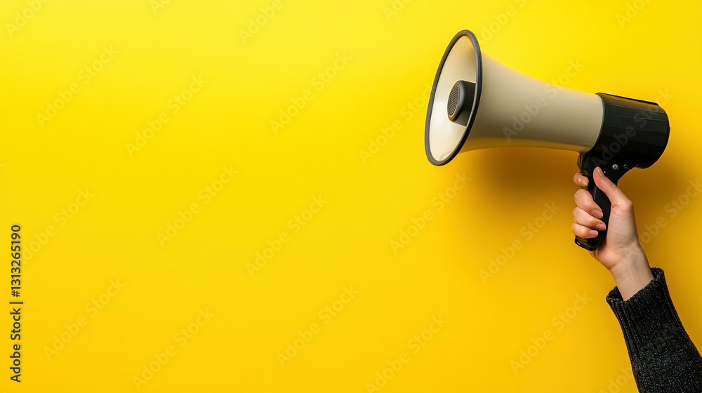 A hand holding a megaphone against a vibrant yellow background A hand holding a megaphone against a vibrant yellow background