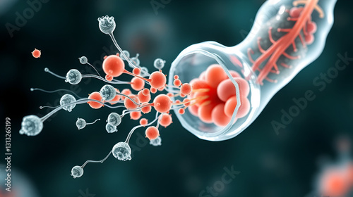 Release of sporozoites from Cryptosporidium parvum oocyst, 3D illustration. Cryptosporidium is a protozoan, microscopic parasite, the causative agent of the diarrheal disease cryptosporidiosis photo