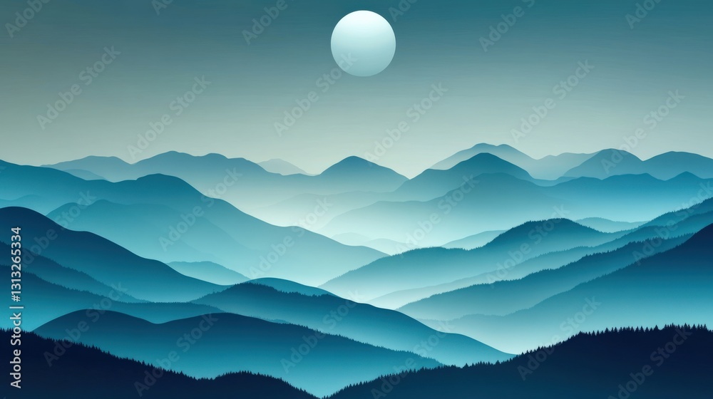 Fototapeta premium Serene mountain landscape under a full moon, showcasing layered hills and soft blue hues