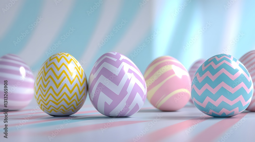Close-up of pastel-colored Easter eggs with zig-zag and stripe patterns on a soft pink and blue background. Festive and spring-themed image. Close-up of pastel-colored Easter eggs with zig-zag and stripe patterns on a soft pink and blue background. Festive and spring-themed image.