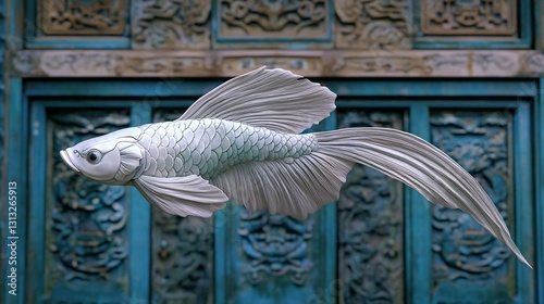 White betta fish swims, ornate door background, Asian art, aquarium