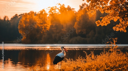 Sunrise stork lakeside autumnal forest tranquil nature