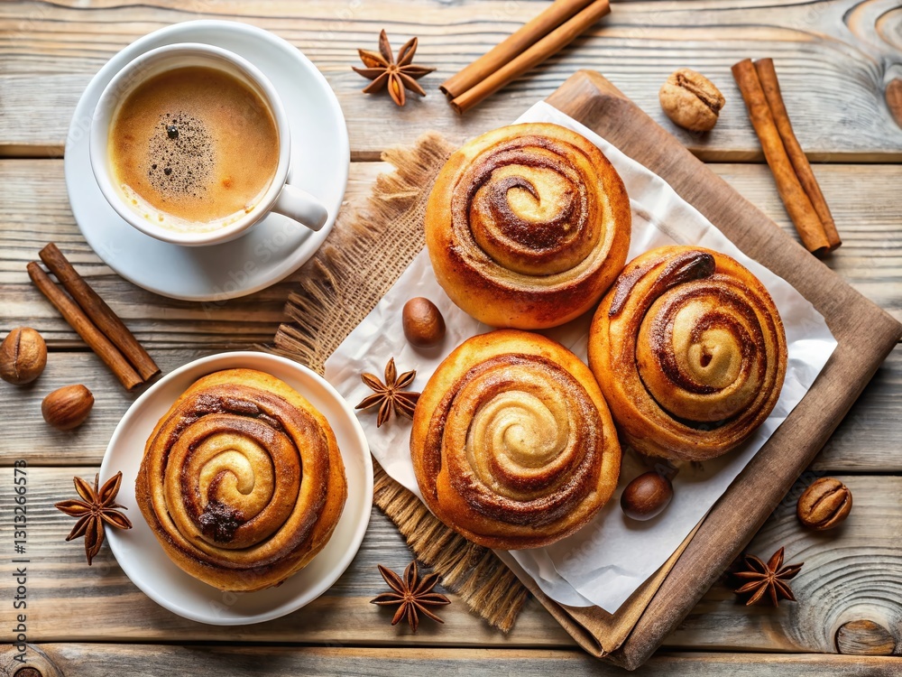 Homemade Cinnamon Rolls & Coffee: Top View Flatlay Photography Homemade Cinnamon Rolls & Coffee: Top View Flatlay Photography