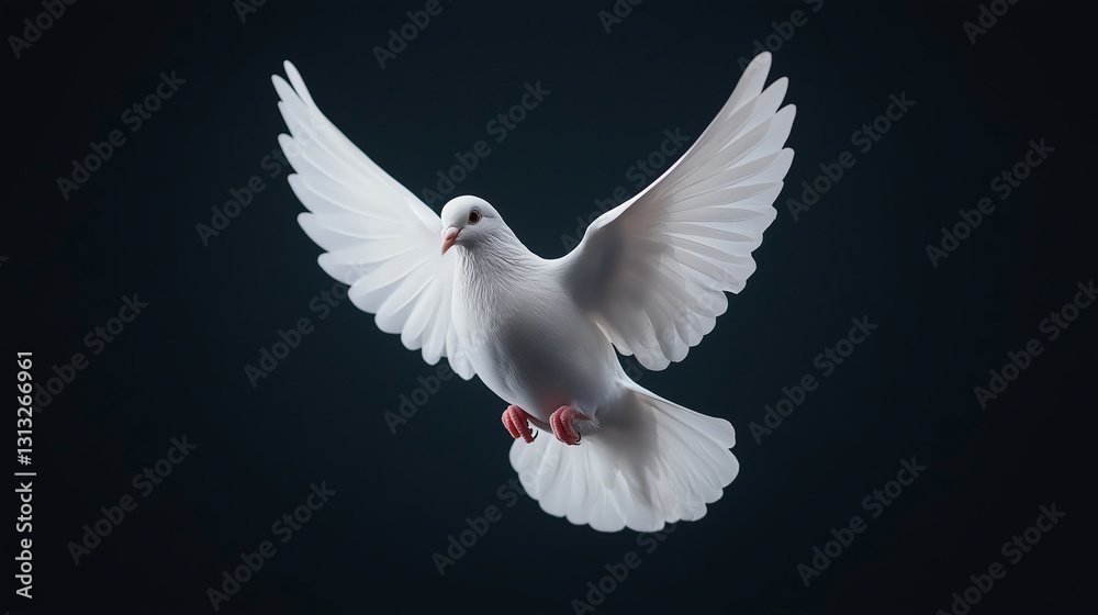 Fototapeta premium A graceful white dove in mid-flight, wings elegantly spread. This stunning bird symbolizes peace and hope, set against a dark background that enhances its beauty and serenity.