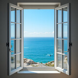 A bright and airy image of an open window showcasing a stunning seaside view. The tranquil blue ocean and clear sky create a perfect escape into nature.