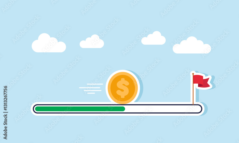 A dollar coin moves toward a flagpole following the progress of a loading bar, illustration of progress in achieving a company's financial target
